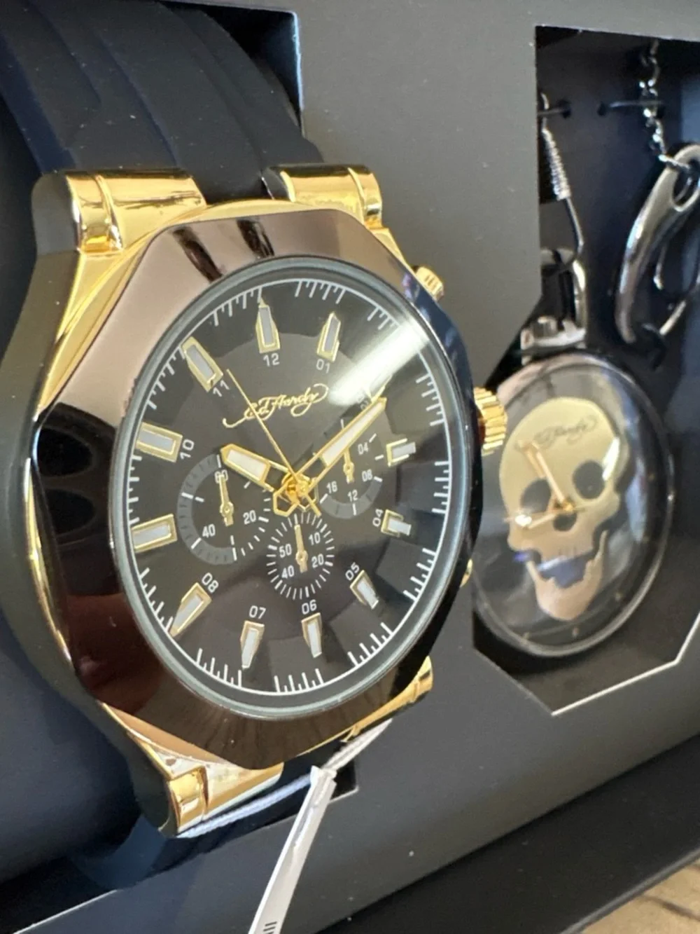 Ed Hardy Gold Tone Watch & Skull Pocket Watch Set - Black and Gold
